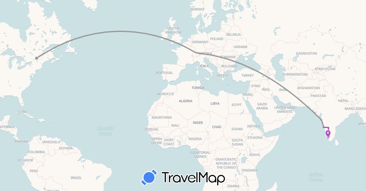 TravelMap itinerary: driving, bus, plane, cycling, train, hiking in Canada, Switzerland, India (Asia, Europe, North America)
